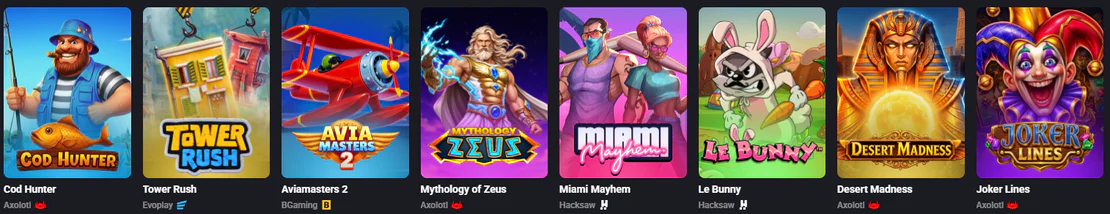 Sélection de jeux du casino MyStake avec Cod Hunter, Tower Rush, Aviamasters 2, Mythology of Zeus, Miami Mayhem, Le Bunny, Desert Madness et Joker Lines